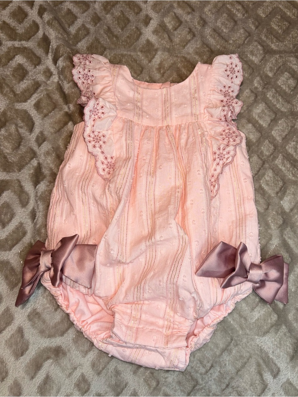 Cynthia Rowley Pink Eyelet Bubble Romper with Satin Leg Bows